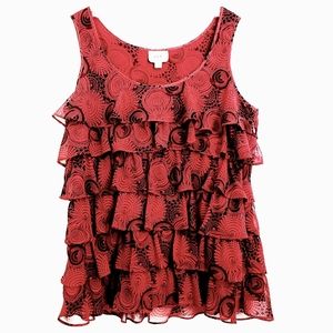 Eci Ruffled Red/Black Art Deco Sleeveless Top